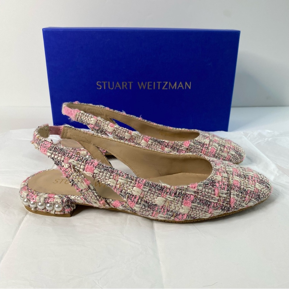 Stuart Weitzman Pink Tweed Slingbacks With Pearls 6B In Box